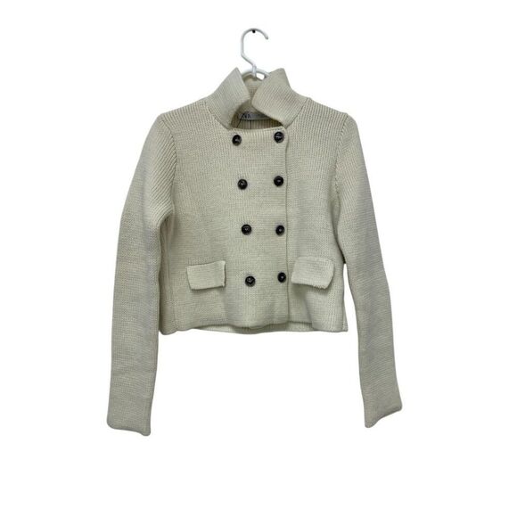 Zara Womens Jacket Sweater Small S Cream Knitted Double Breasted 3991/109 NWOT - Picture 2 of 9